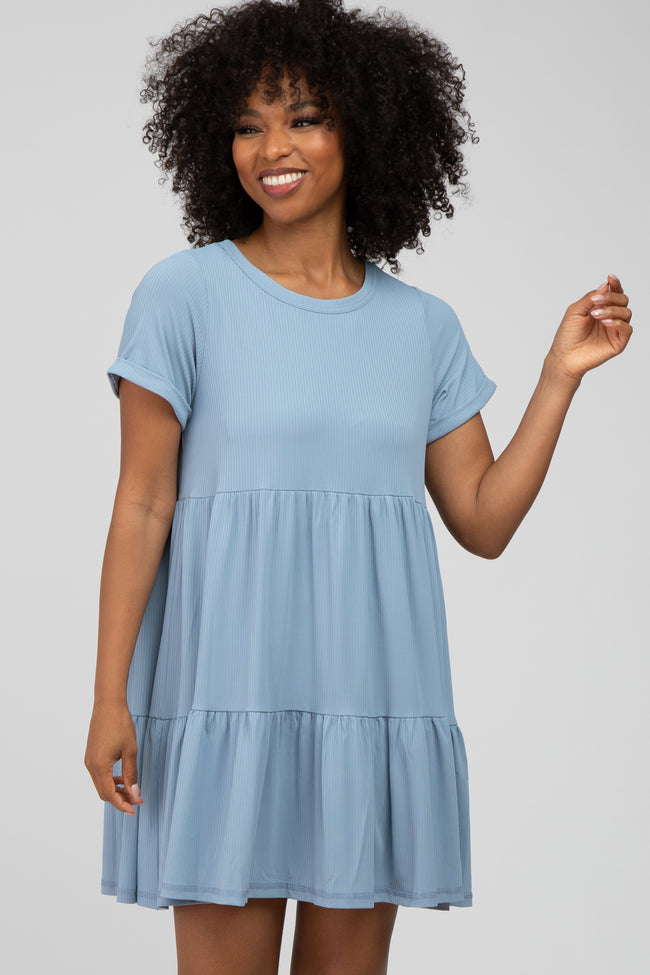 Light Blue Ribbed Tiered Dress – PinkBlush